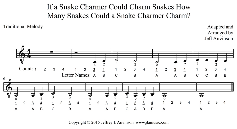 Snake Charmer music for the notes A, B, and C on the fifth string: copyright 2015 Jeffrey L Anvinson