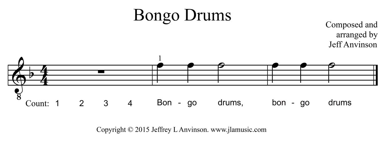 F, First String First Fret, on the Guitar. Bongo Drums Guitar Part copyright 2015 Jeffrey Anvinson