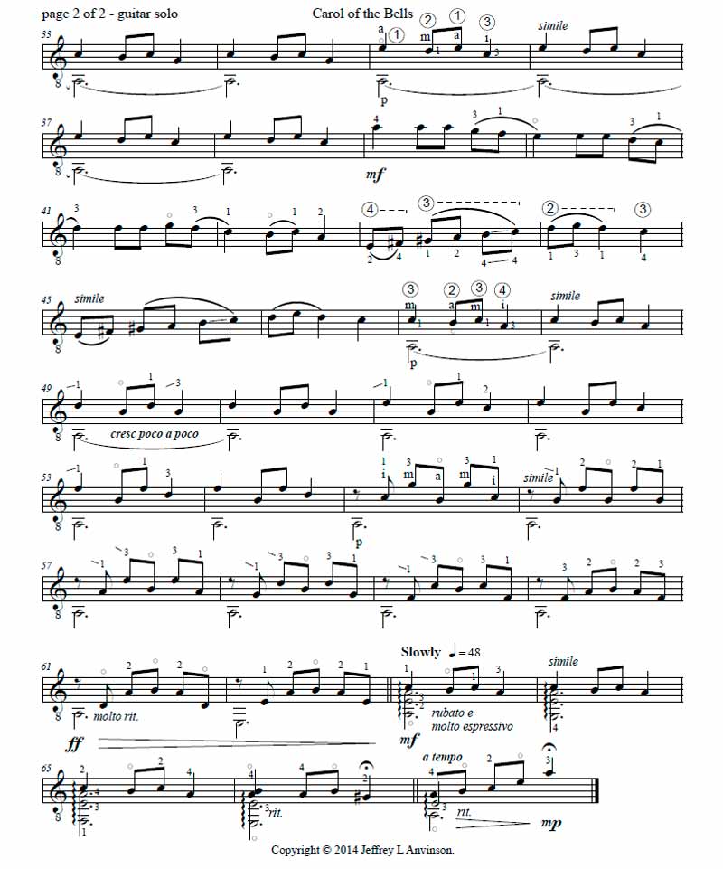 Carol of the Bells Arranged for Solo Guitar by Jeff Anvinson, available for free download
