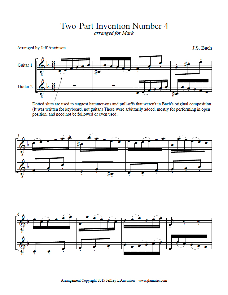 Bach Two-Part Invention in D Minor arranged for two guitar by Jeff Anvinson