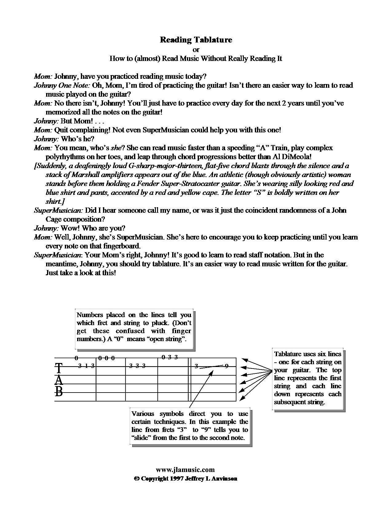 Reading Tablature - copyright 1997 Jeffrey L Anvinson