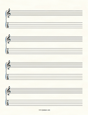Blank printable music paper for ukulele with treble clef staves and tab