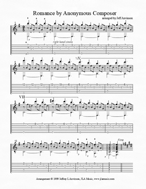 Romance, by anonymous, arranged for guitar solo by Jeff Anvinson